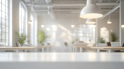 Wall Mural - Bright modern office space, blurred background, soft focus, white and clean interior, hanging pendant lights, large windows, natural light, minimalist design.