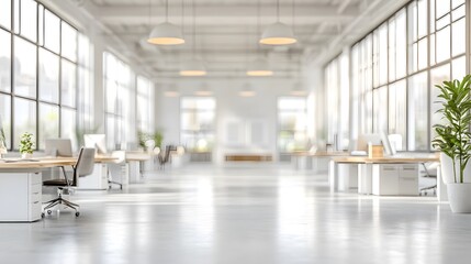 Wall Mural - Bright modern office space, blurred background, soft focus, white and clean interior, hanging pendant lights, large windows, natural light, minimalist design.