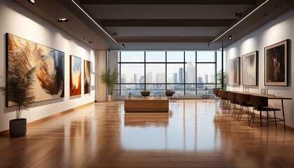 Wall Mural - Three-dimensional rendering of contemporary gallery interior with a view of the city, wooden flooring, reflections, chairs, and lamps.