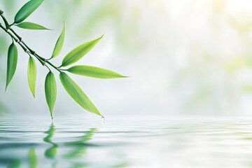 spa background banner with green bamboo leaf on white transparent water wave in sunlight, beautiful concept wallpaper with copy space for travel or cosmetics.