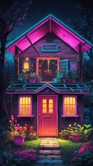 Poster - illustrative albedo garden shed retro neon theme