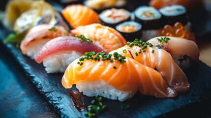 Delicious sushi set is served on a stone plate, featuring a variety of fresh and colorful ingredients