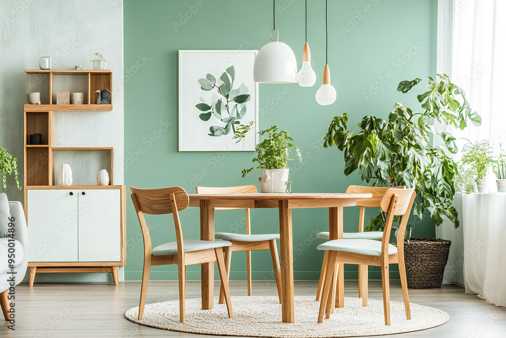 Interior design of a mid-century style home. Wooden dining table in a ...