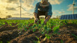 © Patrick - Farmer tending crops in field with solar panels and wind turbines, sustainable agriculture and renewable energy concept, modern farming practices in scenic rural landscape