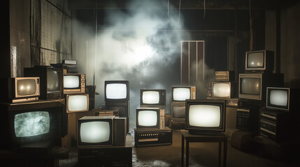 Vintage television graveyard with moonlight, eerie collection of old TV sets in dark abandoned room, nostalgic and surreal retro technology concept