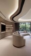 © lililia - This minimalist living room features a neutral color palette with a comfortable sofa, dining table, and extensive windows offering a city view. Natural light floods the space