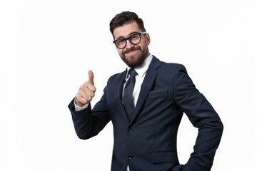 A man in a suit and glasses is giving a thumbs up. He is smiling and he is happy