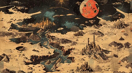 Wall Mural - Vintage space desert planet map with rocky surface in retro illustration style