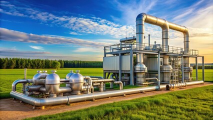 A compressor station in a rural landscape with pipes and machinery, industrial, energy, equipment, infrastructure