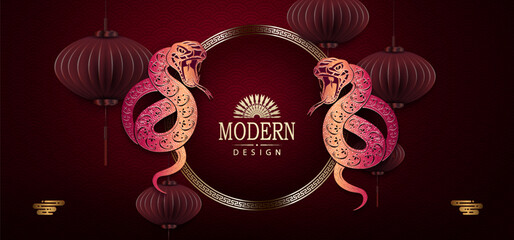 Wall Mural - Happy Chinese new year 2025, isolated snake, Asian elements in burgundy and gold.