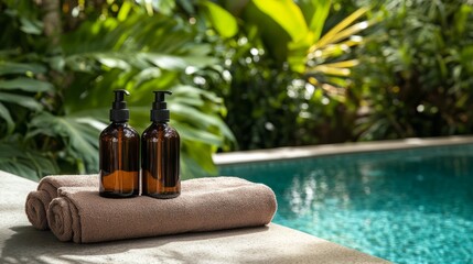 Amber cosmetic bottles placed on soft grey towels by a resort pool