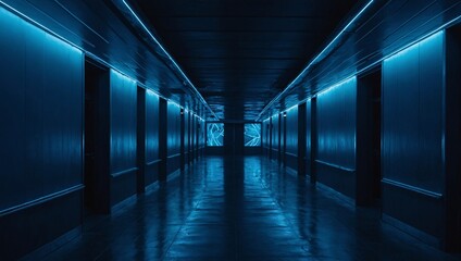 Wall Mural - Blue hallway with a neon light and abstract fluorescent glow.