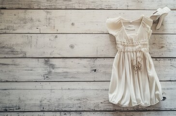 Wall Mural - White Dress and Heels on a Wooden Background