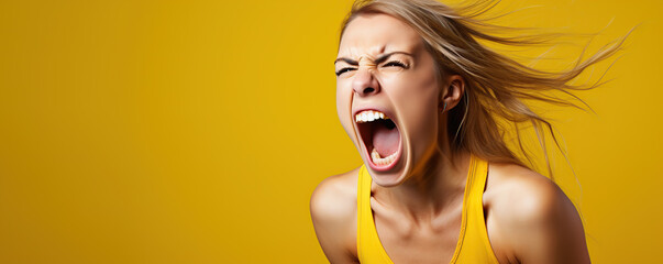 Young woman expressing intense emotion against a bright yellow background during a passionate moment