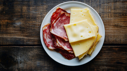 Poster - White plate holds a delectable assortment of cured meat and cheese on a rustic wooden table