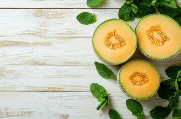 Poster - Cantaloupe and Mint on White Wooden Background