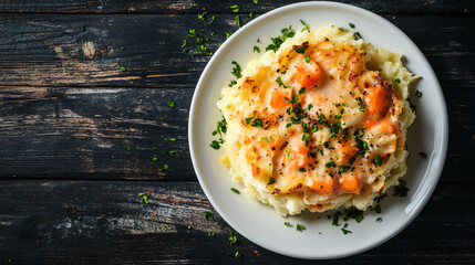 Wall Mural - Delicious fish pie with a golden crust and fresh herb garnish, presented on a plate for a visually stunning culinary experience