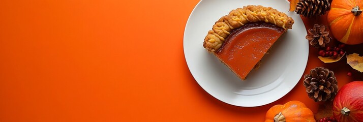 Wall Mural - A beautifully arranged Thanksgiving dessert with a slice of pumpkin pie on an orange background ready for the festive table