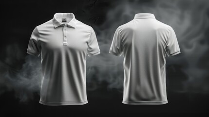 mockup front and back view of plain white Polo Jersey, black background with light smoke