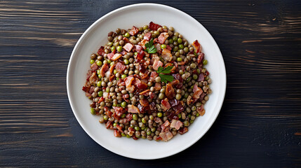 Wall Mural - Purple hull peas, bacon, and greens simmering in a white plate on a dark wooden table, captured from above