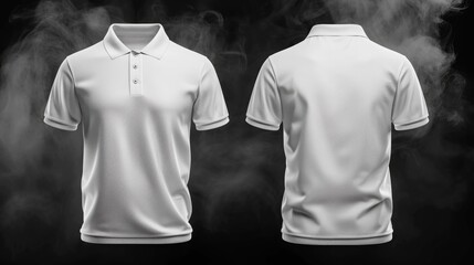 mockup front and back view of plain white Polo Jersey, black background with light smoke