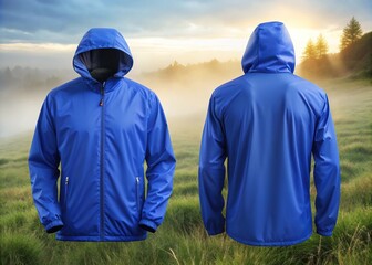 A foggy morning landscape with dew-covered grass stands out against the bold, royal blue windbreaker's baggy fit, while its long sleeves drape dramatically.