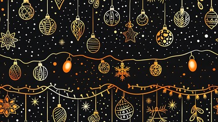 Canvas Print - A festive seamless pattern featuring strings of holiday lights in various shapes and colors, twisted and intertwined. The background includes glowing orbs and subtle sparkles,