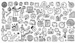 © Arber - A doodle business icon set. Business strategy, finance, office people teamwork concept. Target, puzzle, chart element. Modern hand drawn sketch style illustration.