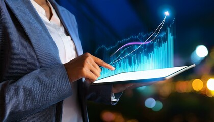 A close-up of female hands using a tablet with a glowing growing business chart on a blurry background. The concept of financial growth and success is shown in this image.