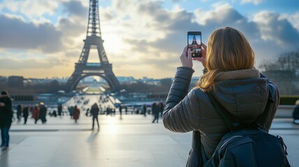 sightseeing in France, a tourist in Paris visiting the famous Eiffel Tower, and a woman taking a mobile phone picture