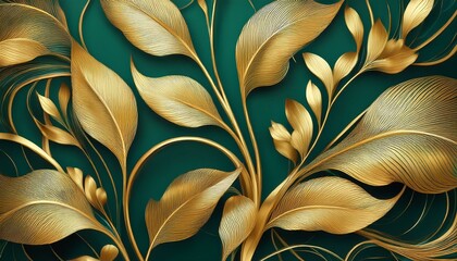 A luxurious gold decoration art wallpaper. Modern art and nature with golden leaves, plants and bamboo curving along the lines, on a green background.