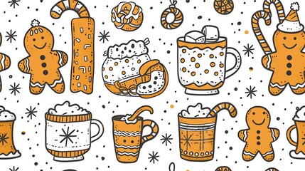 Canvas Print - A seamless pattern of gingerbread men, candy canes, and hot cocoa mugs with marshmallows. The background includes light snowflakes and festive decorations, creating a warm and cheerful holiday vibe,