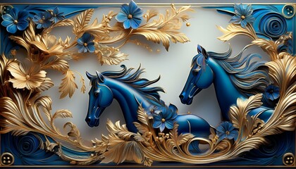 An elegant sculpture of blue and gold flowers and horses