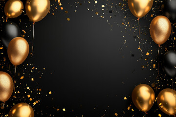 festive background with black and gold balloons with falling confetti, perfect for a party invitatio