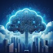 © Arber - An illustration showing a cloud with circuits representing a digital brain, surrounded by high-rise buildings, on a blue background, with creative double exposure