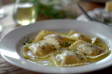 Ravioli with parmesan cheese on a plate. Italian cuisine, homemade ravioli with sage butter sauce, parmesan and pepper