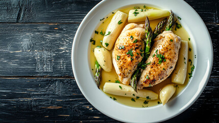 Wall Mural - Savory chicken breast and asparagus in a white wine sauce, garnished with parsley and presented on a white platter