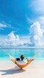 © Exnoi - A professional balancing work and relaxation on a tropical beach, sitting in a hammock with a tablet in hand and a serene ocean view, perfectly embodying the concept of a workation