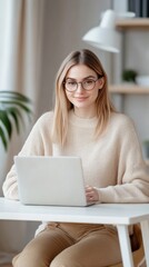 A professional businesswoman working from home, sitting at a desk with a laptop, surrounded by a cozy and organized home office setup, balancing work and life responsibilities