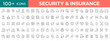 © Icons_master - Insurance and security 100+ web icons set. Judgment, secure, protection, evaluation, Healthcare medical, life, car, home, travel insurance, safe, wounded, drown, repair icons. Vector illustration.