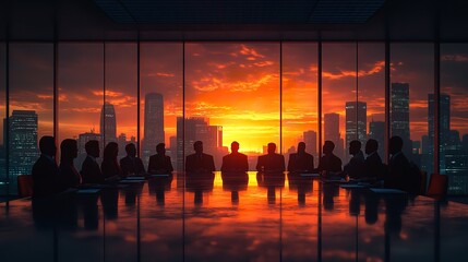 Wall Mural - A group of people are sitting at a table in a room with a large window. The room is filled with people and the atmosphere is tense