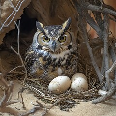 A detailed, well-focused image of an owl rearranging the sand and twigs around its eggs to make the nest more comfortable.