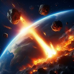 Wall Mural - Burning exploding asteroids approaching planet earth. AI