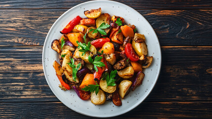 Wall Mural - Delicious roasted autumn vegetables with herbs lying on plate over rustic wooden background