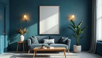 Wall Mural -  wall with lank frame poster mockup. Scandinavian boho home interior design of modern living room generative AI