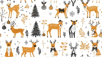 Playful reindeer in various poses, each one uniquely decorated with Christmas lights and ornaments, creating a seamless pattern. The background features soft, twinkling stars and snow,