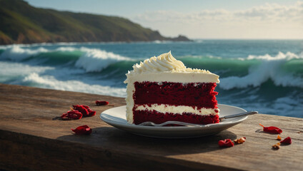 Slice of red velvet cake with cream cheese frosting on a table, with the ocean waves gently crashing in the background.