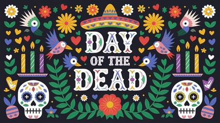 Wall Mural - Day of the Dead (Día de los Muertos) Mexican elements like sugar skulls, candles, marigold flowers, and a sombrero