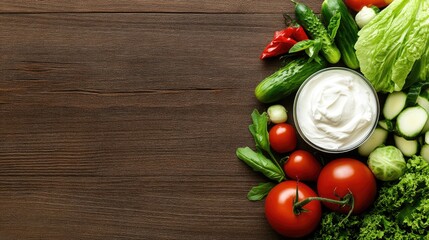 Wall Mural - A rustic wooden table features a bowl of yogurt garnished with fresh cucumber, lettuce, and cherry tomatoes, creating a colorful and inviting food arrangement