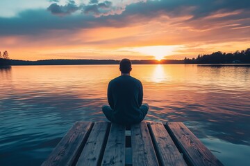 a silhouette of a man sits on a wooden dock observing the serene sunset over a tranquil lake, encaps
